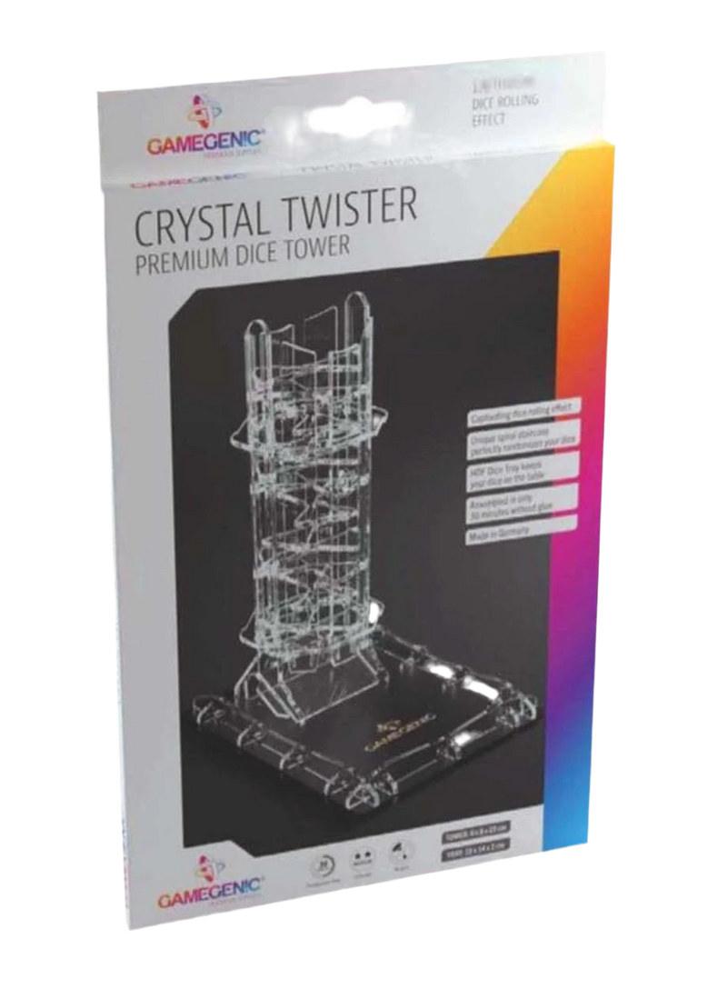 Crystal Twister Dice Tower in clear acrylic, compact size for RPG gaming, durable and stylish design