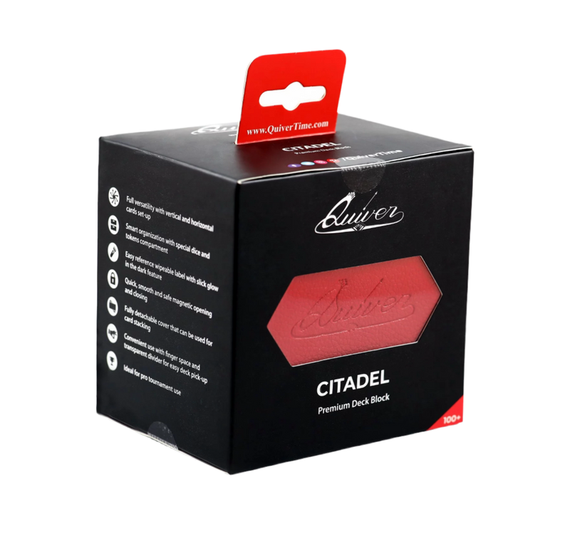 Black Quiver Citadel Deck Box 100+ with durable leather exterior, perfect for card game enthusiasts seeking secure storage