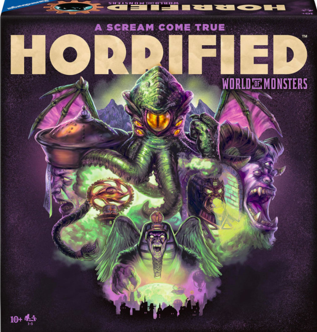 Horrified World of Monsters Board Game, family-friendly strategy game for horror fans, colorful design