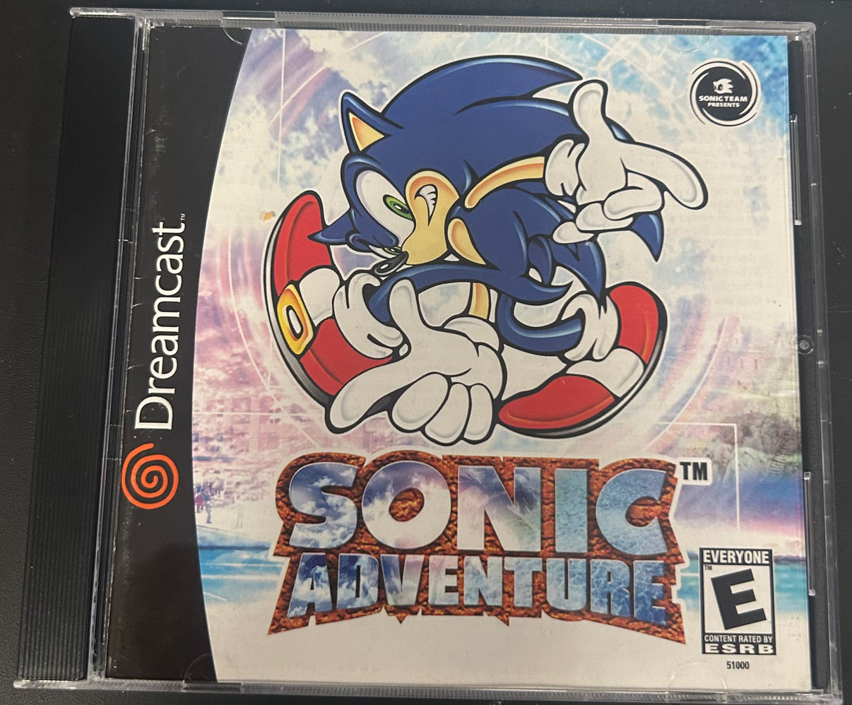 Sonic Adventure Dreamcast game case featuring vibrant cover art, classic Sega Dreamcast platformer video game