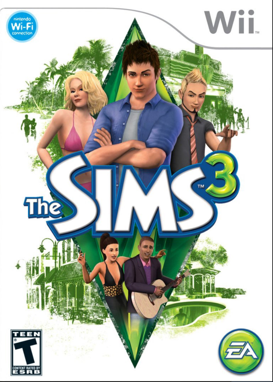 Sims 3 | Wii game cover featuring colorful Sims characters, open-world life simulation, customizable homes and families.