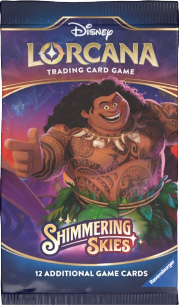 New Lorcana Shimmering Skies Booster Pack featuring exclusive collectible cards, vibrant artwork, sealed package