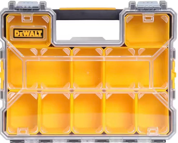 DeWalt Deep 10-Compartment Storage Box in yellow, durable plastic, ideal for tool organization and secure storage