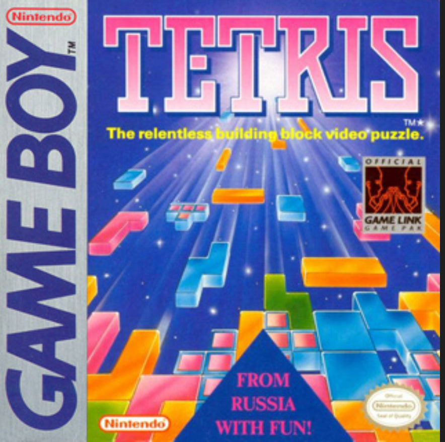 Tetris on Game Boy handheld console, classic Nintendo portable puzzle game with retro graphics.