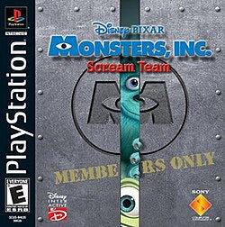 Monsters, Inc Scream Team PS1 game—classic platform-style action with Mike and Sulley, cartoon-style art.
