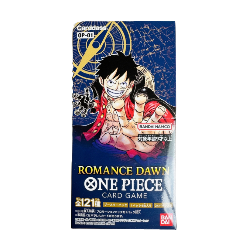 One Piece Romance Dawn Japanese Booster Box, new and sealed, featuring rare collectible cards for anime fans