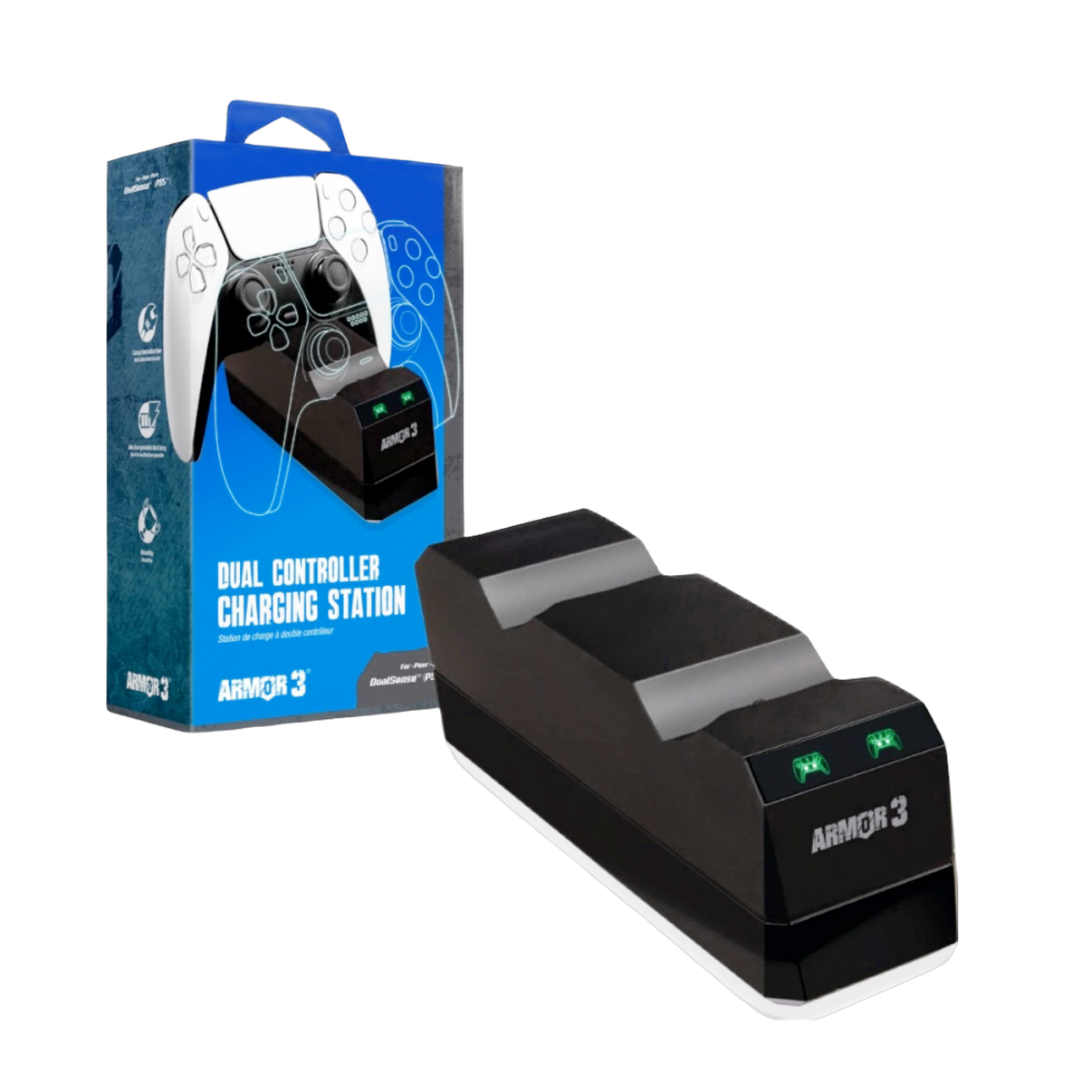 PS5 Dualsense Controller Dual Charging Station, sleek black design, fast-charge feature for gaming enthusiasts