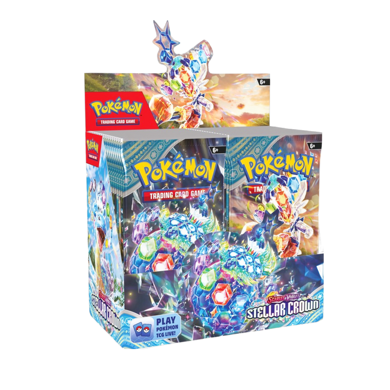 Buy new Stellar Crown Booster Box Pokemon collectible cards, featuring rare holographic cards, for collectors and gamers.