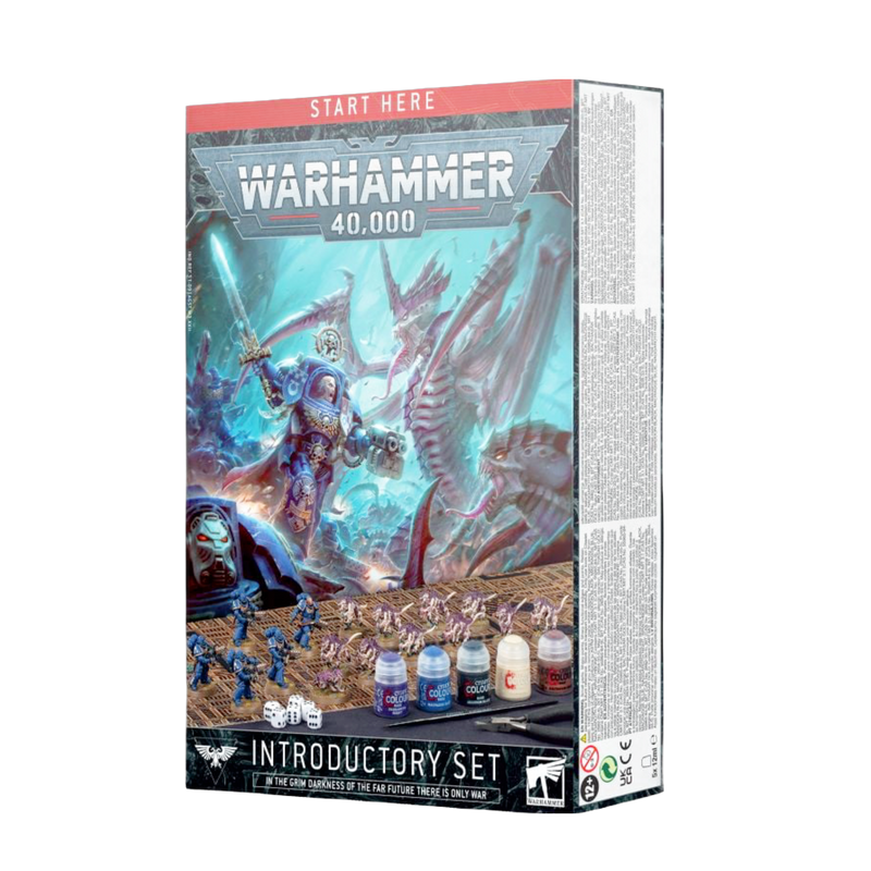 Warhammer 40k Introductory Set with detailed miniatures and rulebook for beginners in gaming hobby