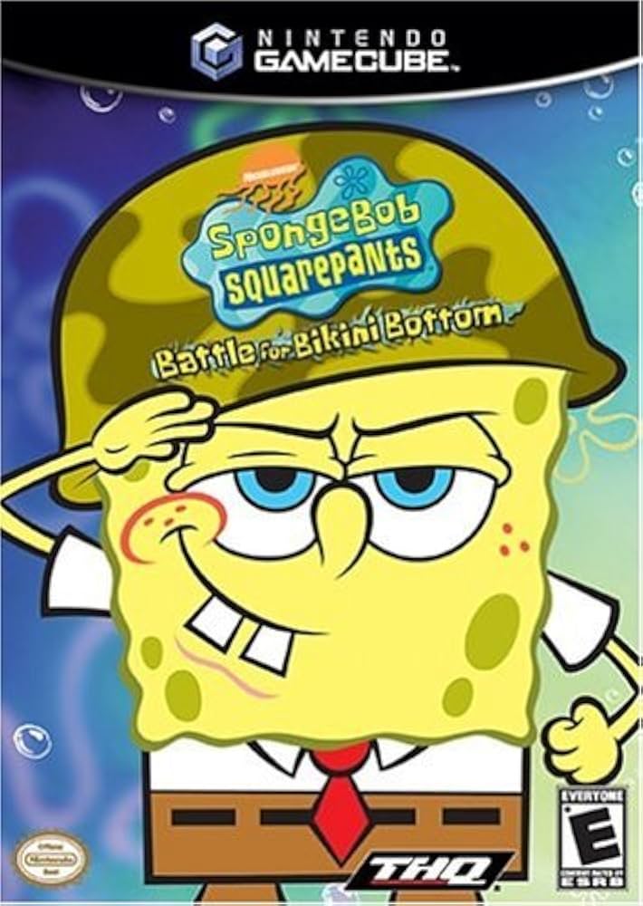 Spongebob Battle for Bikini Bottom Gamecube, vintage action-adventure video game, colorful graphics, family-friendly
