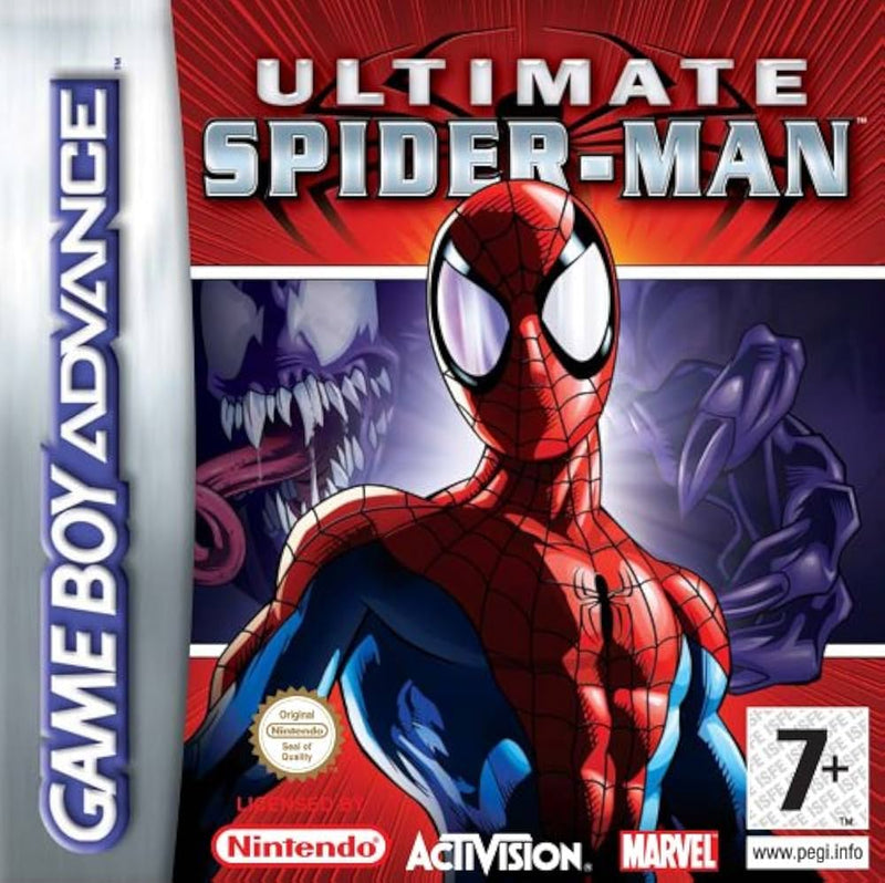 Ultimate Spider-man GBA game cartridge, red and blue, action-adventure genre for Game Boy Advance enthusiasts