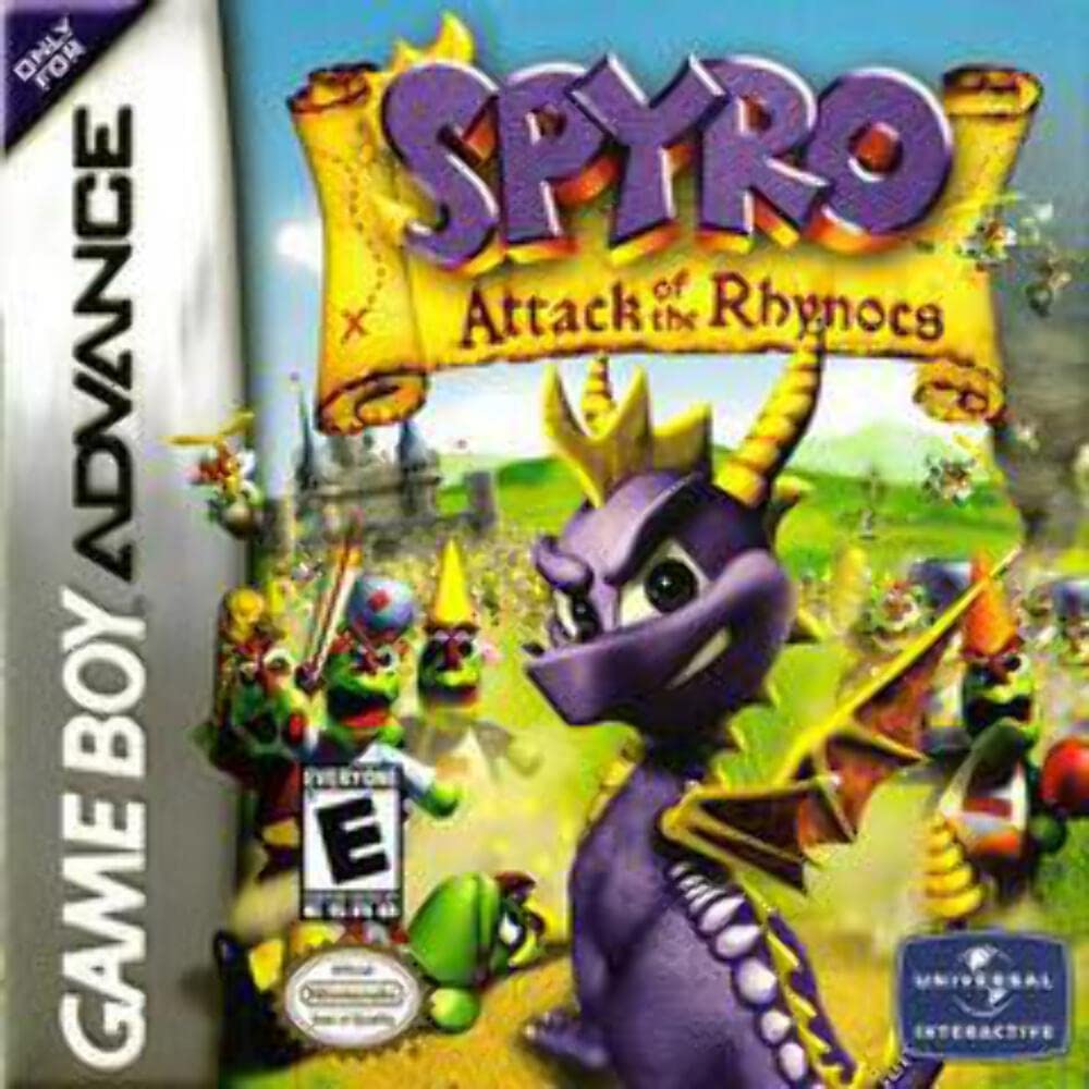 Spyro Attack of the Rhynocs GBA game cartridge, vibrant artwork, classic platform adventure for Game Boy Advance