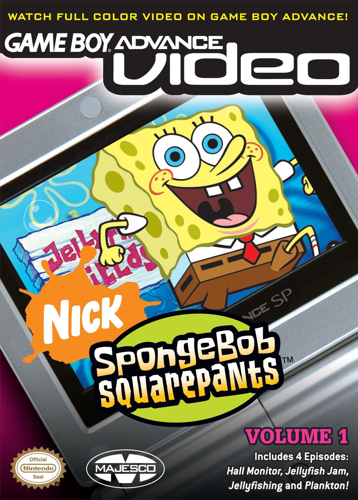 GBA Video Spongebob Vol 1 cartridge for Game Boy Advance, featuring classic episodes in vibrant color.