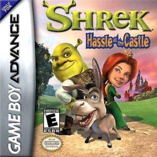 Shrek Hassle at the Castle GBA game cartridge, family-friendly adventure for Game Boy Advance, vibrant cover art