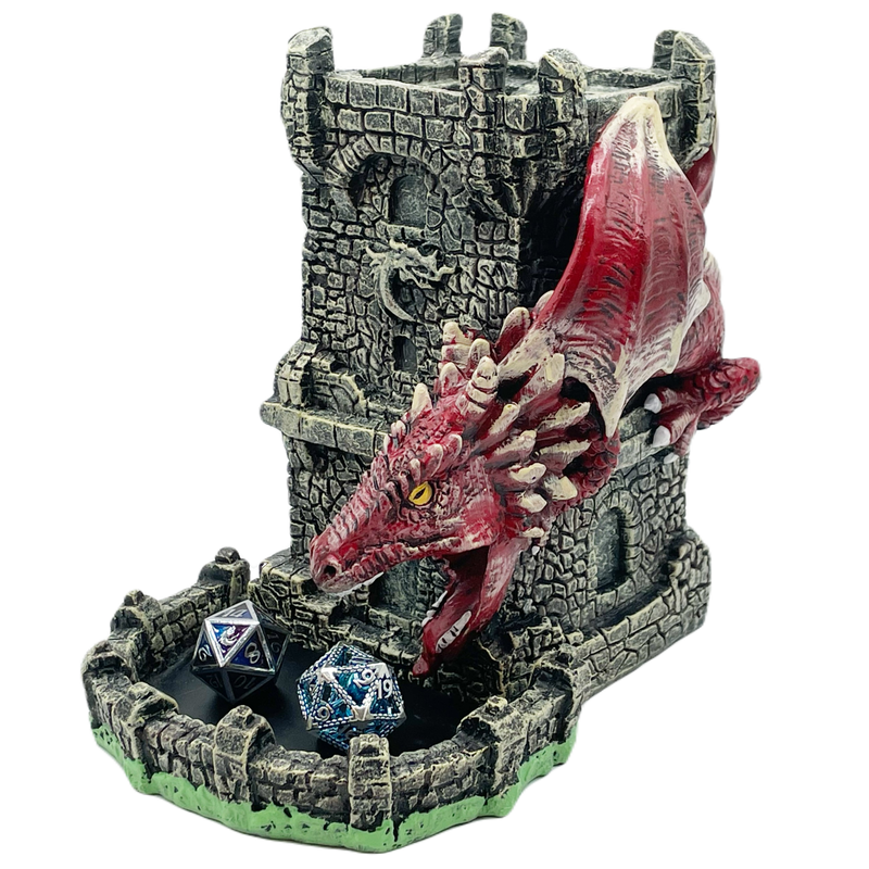 Dragon's Fury Dice Tower in black resin with intricate dragon design for tabletop RPGs, durable and stylish