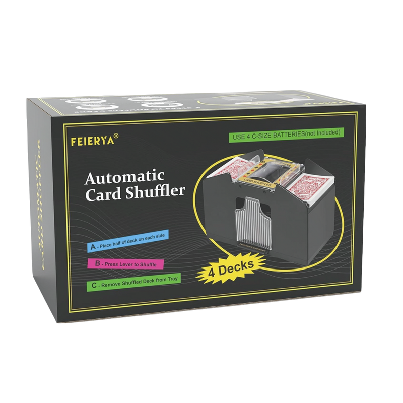 Buy now Automatic Card Shuffler 4-Deck | New, easy-to-use, battery-operated for poker nights, black and silver design