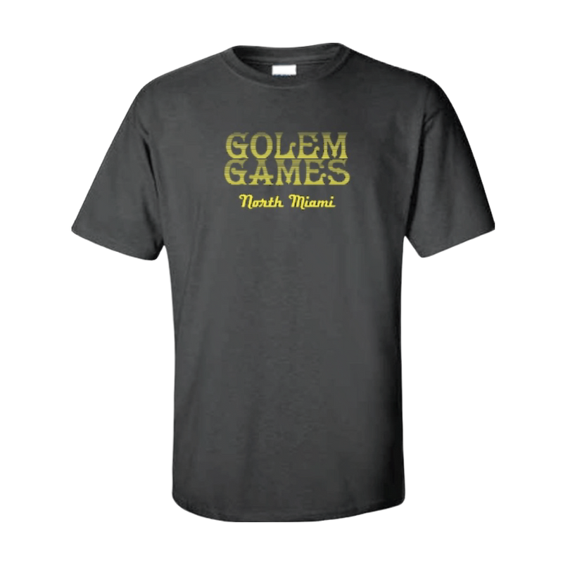 Buy Golem Family Crest Shirt in black cotton, medieval-inspired design, size options available, perfect for heritage enthu...