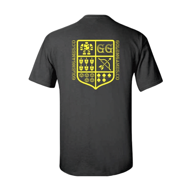 Buy Golem Family Crest Shirt in black cotton, medieval-inspired design, size options available