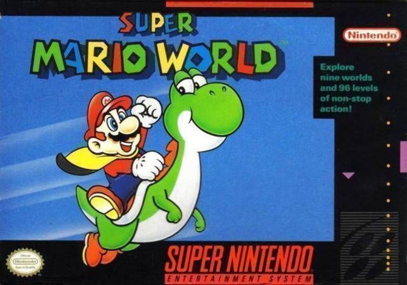 Super Mario World SNES classic game cartridge, vibrant cover art, collectible for retro gaming enthusiasts