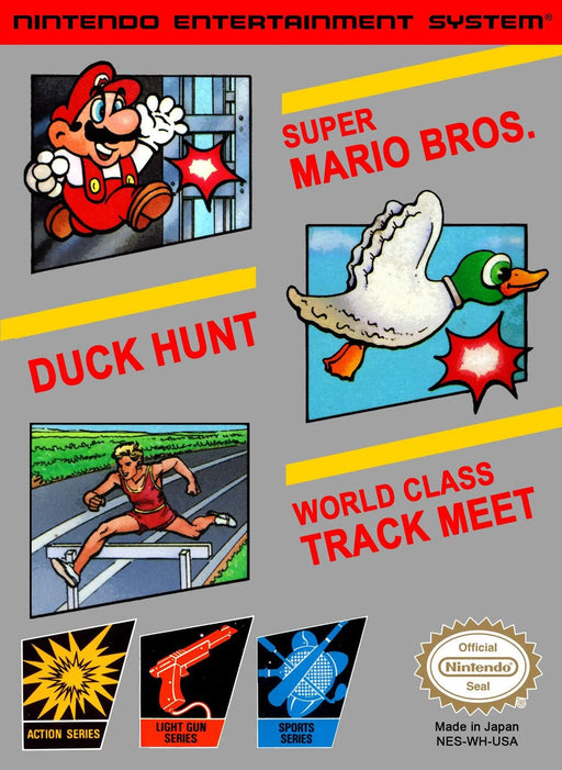 Vintage Super Mario Bros. + Duck Hunt + Track Meet NES cartridge, classic 8-bit game combo pack
