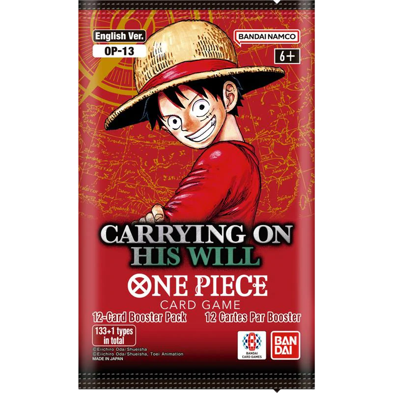 One Piece card game booster pack with character design on red background