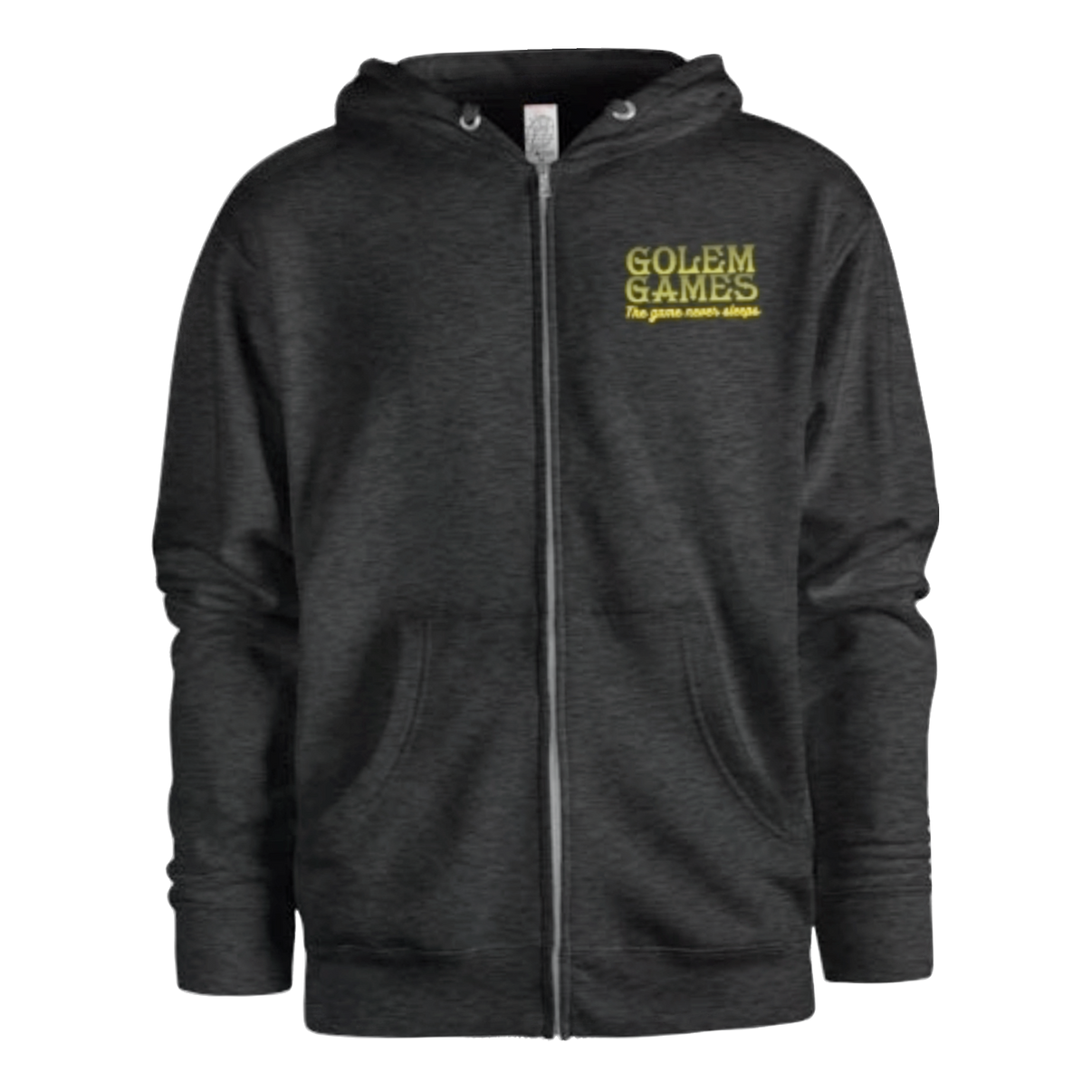 Dark gray hoodie with 'Golem Games' logo on a white background
