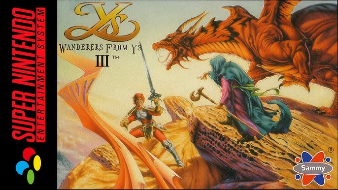 Wanderers from YS 3 for SNES - retro 16-bit RPG game cartridge, classic Ys JRPG art.