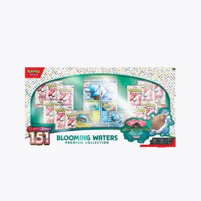 New Pokemon 151 Blooming Waters Collection featuring vibrant aquatic-themed designs, collectible cards, limited edition