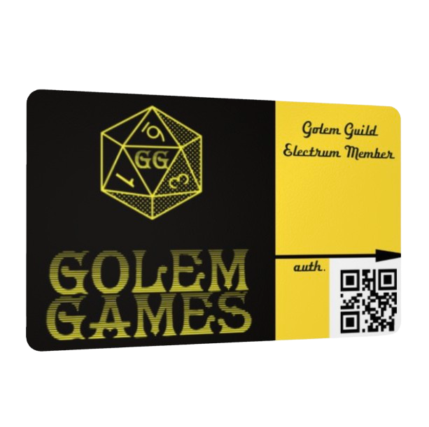 Exclusive Annual Golem Guild Membership card, premium access benefits, gold embossed, fantasy enthusiasts' must-have