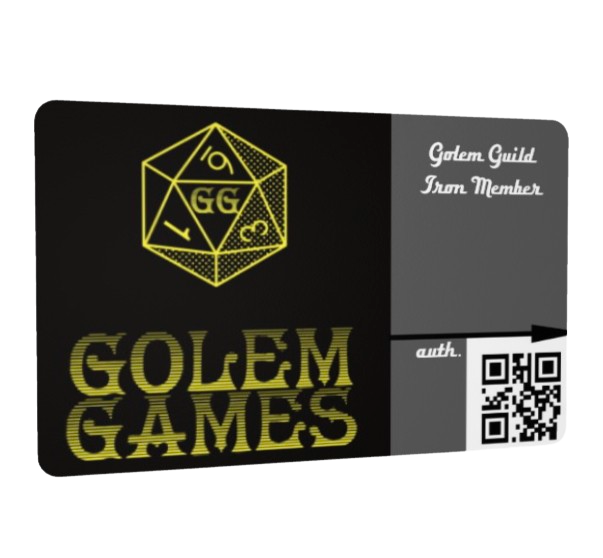 Exclusive Annual Golem Guild Membership card, premium access benefits, gold embossed, fantasy enthusiasts' must-have