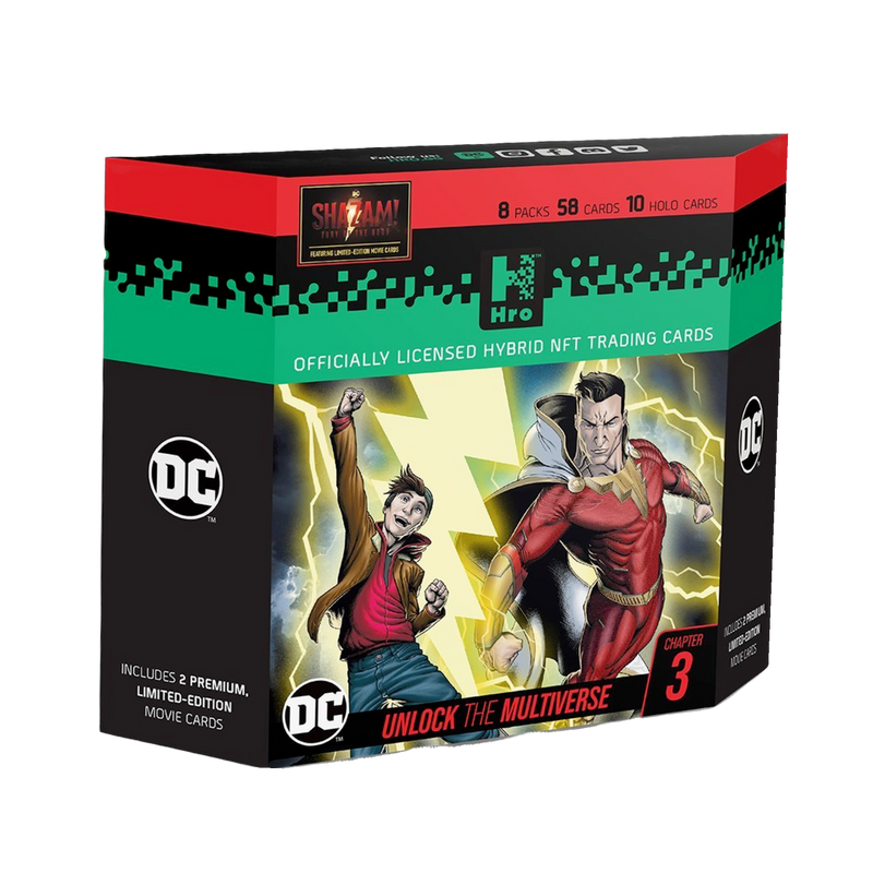 Hro DC Shazam Hybrid NFT Trading Cards Chapter 3 8-Pack, collectible digital and physical cards set