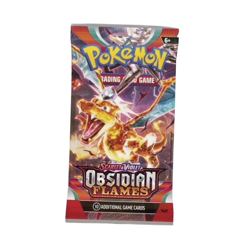 New Obisidian Flames Booster Pack featuring rare collectible cards, vibrant artwork, sealed package