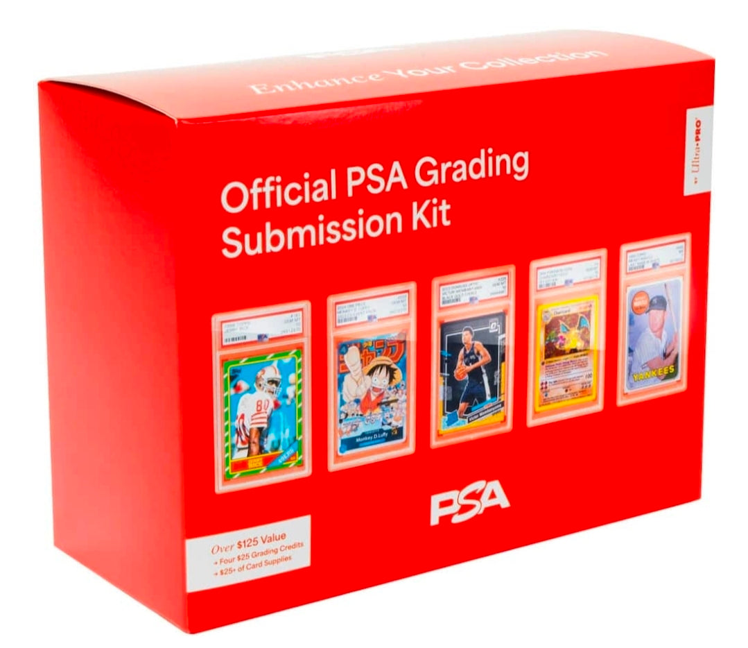 PSA grading kit with submission forms, protective sleeves, labels and checklist for secure card grading.