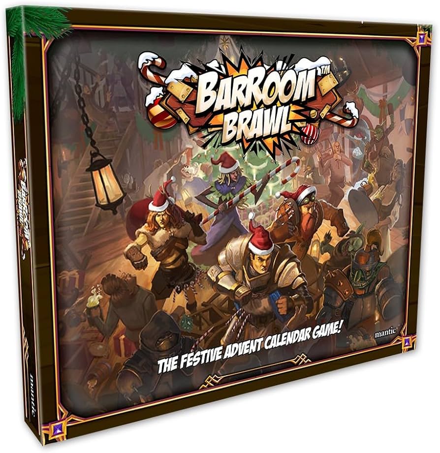 Barroom Brawl board game cover art: lively tavern fight scene with dice, cards, and miniature figures.