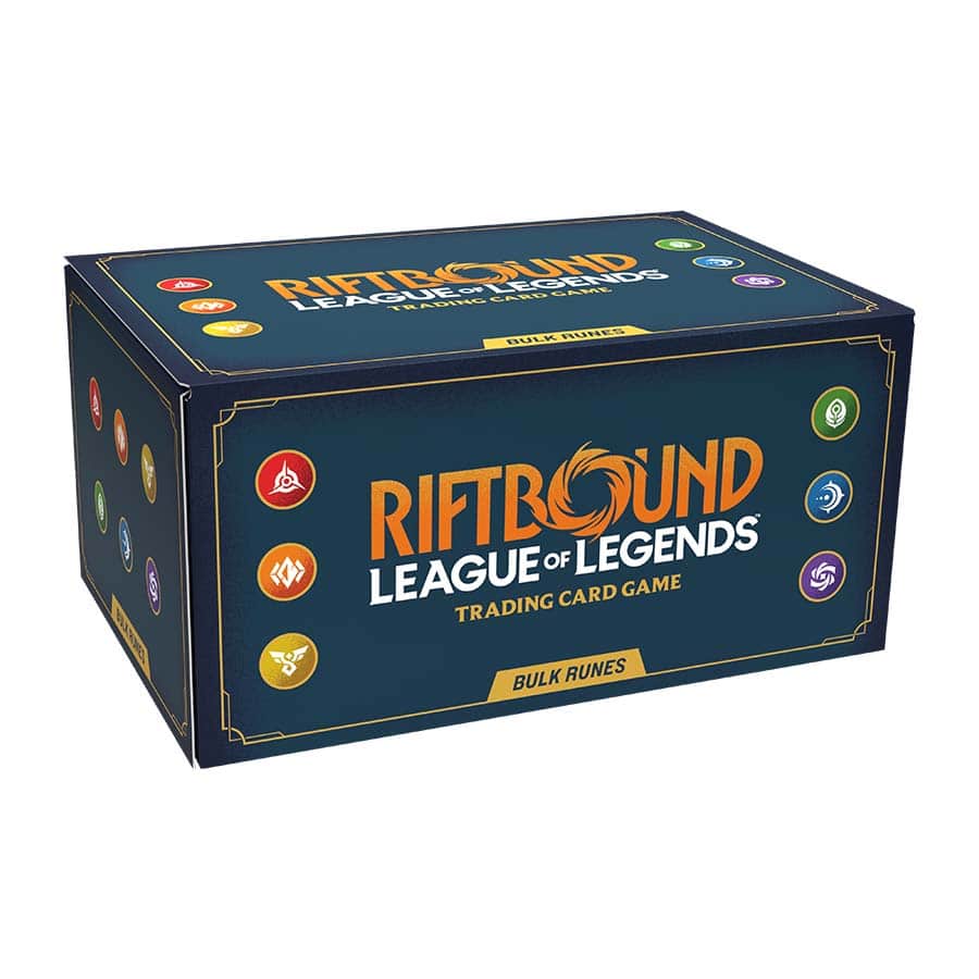 Riftbound bulk runes box with assorted magical runes in a sturdy storage case, ideal bulk supply for tabletop RPGs.