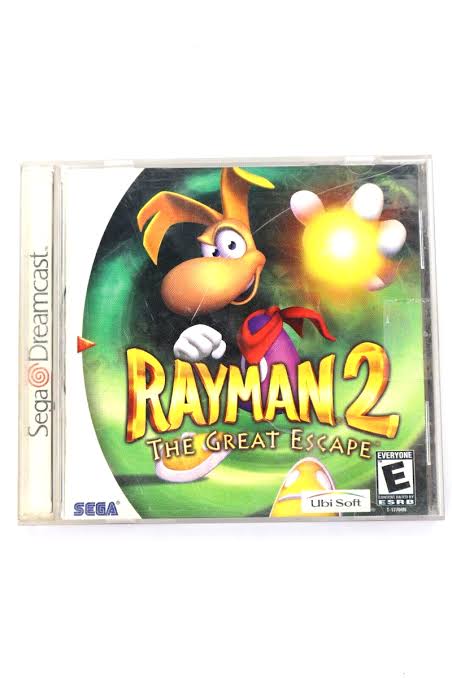 Rayman 2: The Great Escape Dreamcast game cover featuring Rayman, 3D platformer and action-adventure title