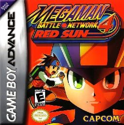 Megaman Battle Network series GBA cartridge, vintage action RPG game, vibrant cover art, collectible item