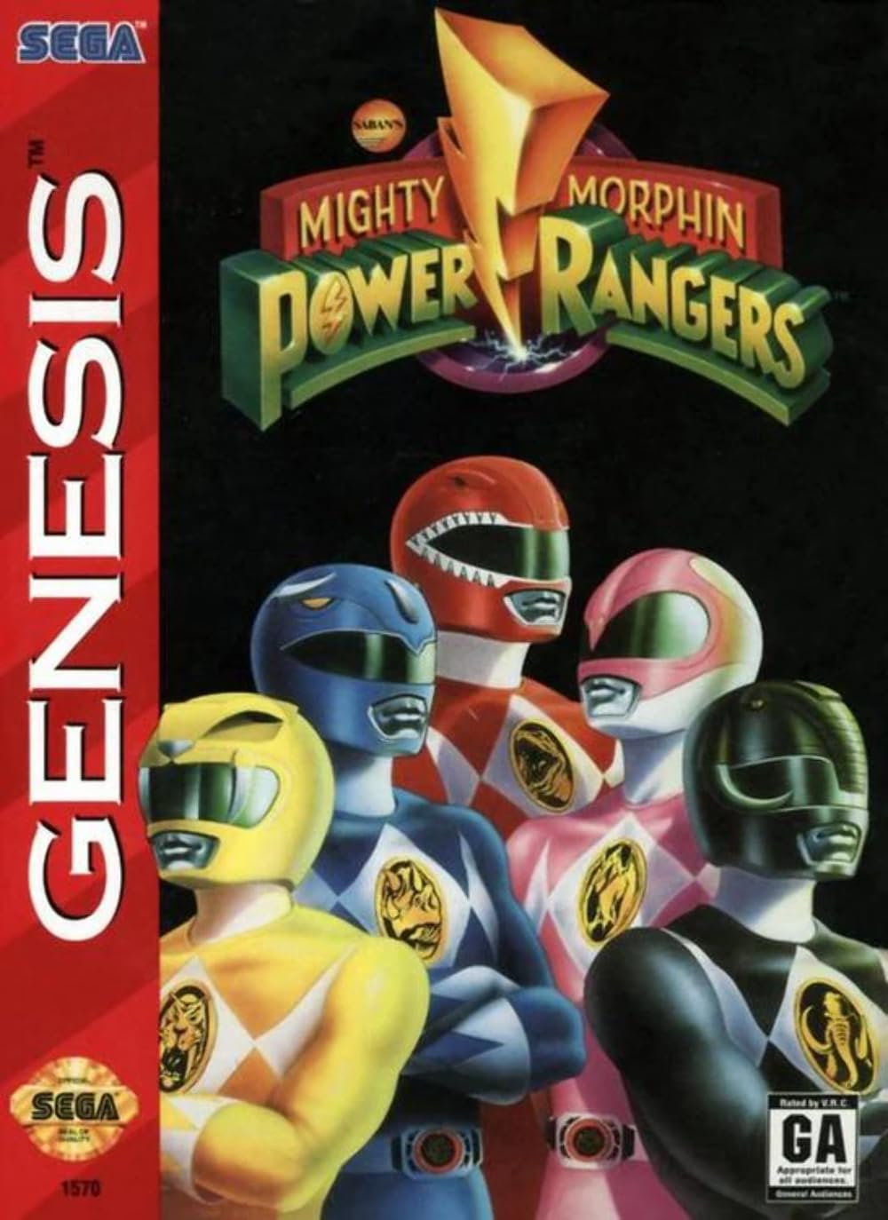 Mighty Morphin Power Rangers Sega game cartridge, vintage 90s action-adventure, red and black design
