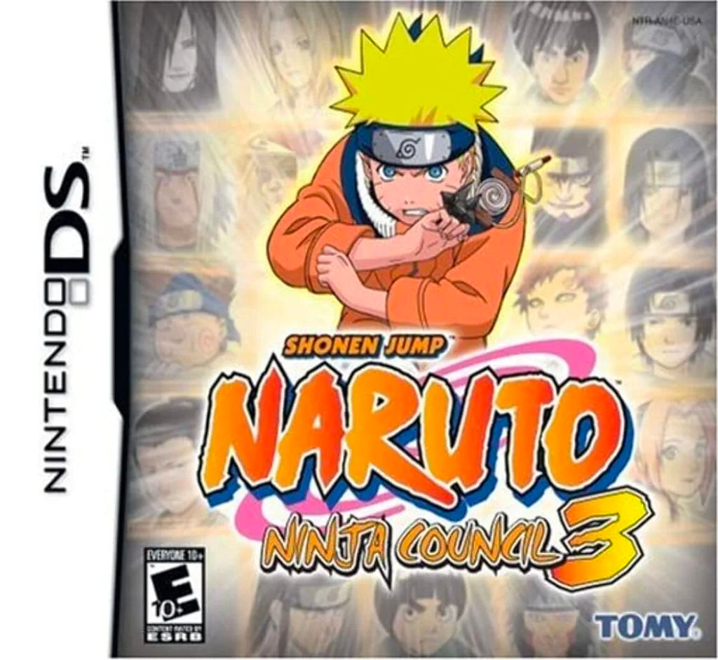 Naruto Ninja Council 3 Nintendo DS game cartridge, handheld action-adventure featuring Naruto ninja battles and abilities.