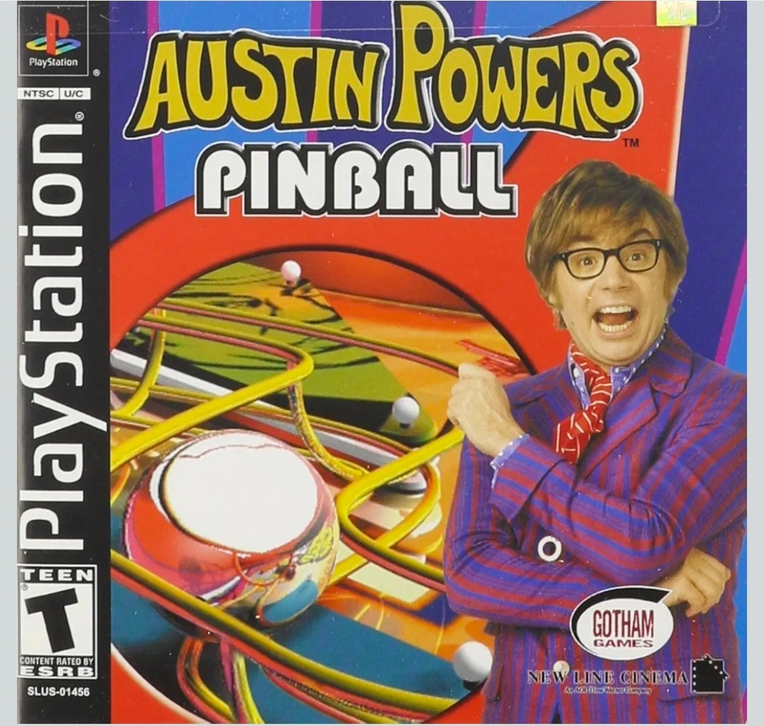 Austin Powers Pinball PS1 game cartridge with retro packaging, action-packed pinball gameplay for PlayStation 1.