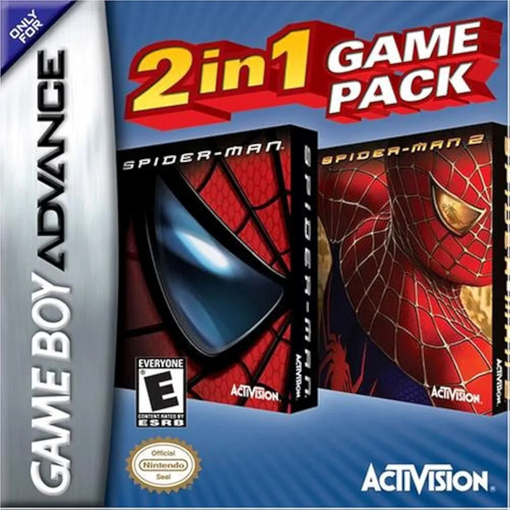 Spiderman + Spiderman 2 - GBA cartridge image; dual Marvel superhero games for Game Boy Advance, colorful cover art