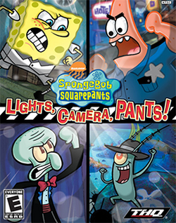 Gamecube game "SpongeBob SquarePants Lights, Camera, Pants!" cover art featuring colorful characters for family-friendly g...