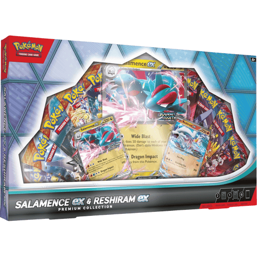 Pokémon trading card game packaging featuring Salamence ex and Reshiram ex cards.