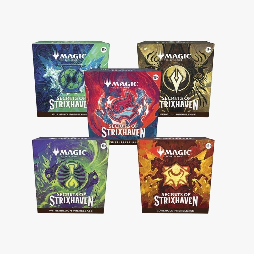 Secrets Of Strixhaven Prerelease Kit | Magic MTG prerelease box with promo card and six Strixhaven boosters.