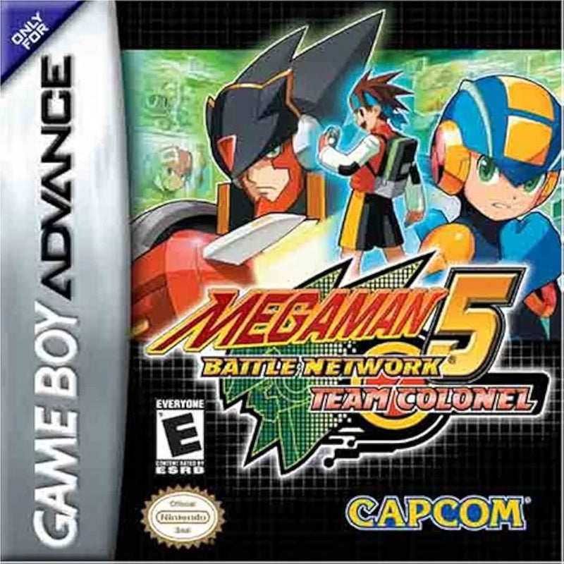 Megaman Battle Network series GBA cartridge, classic 2000s RPG game, vibrant cover art, collectible item