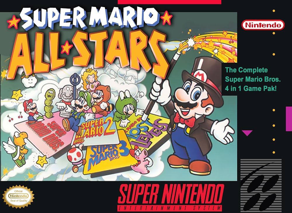 Buy Super Mario All Stars SNES classic game, featuring iconic characters, for retro gaming enthusiasts, colorful cartridge.
