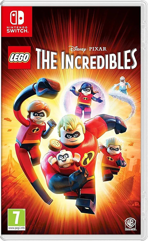 Disney Lego The Incredibles set with mini-figures and colorful bricks featuring Mr. Incredible and Elastigirl.