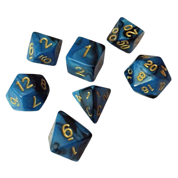 Polyhedral Seven Dice Set in vibrant blue with gold numbers for tabletop RPGs, durable resin material, ideal for gamers