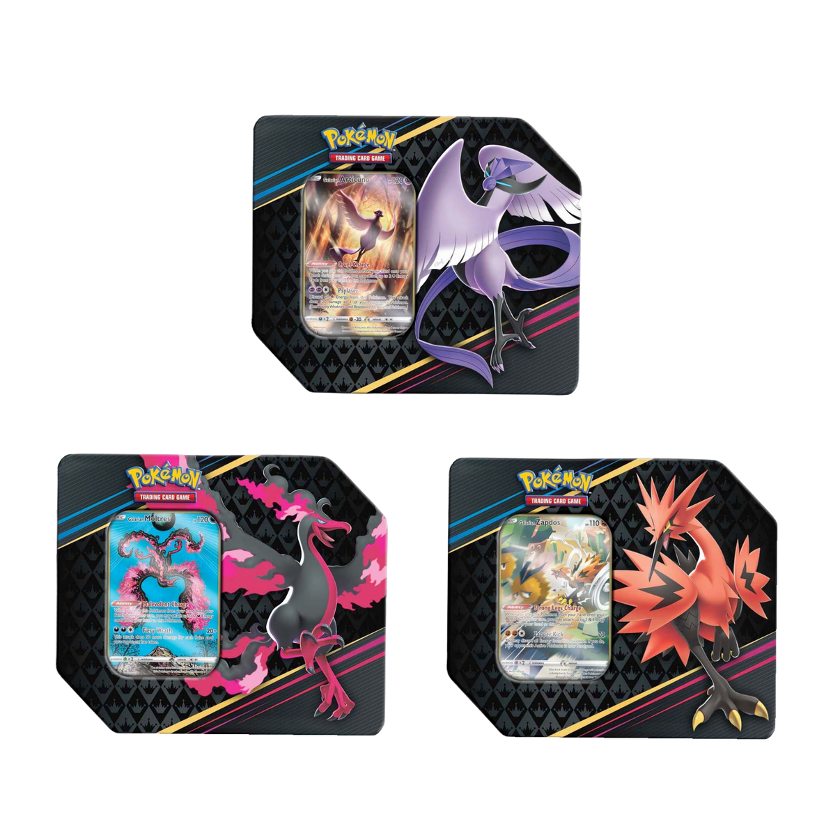 New Pokemon Crown Zenith Legendary Bird Tin, collectible card game, vibrant artwork, sealed package