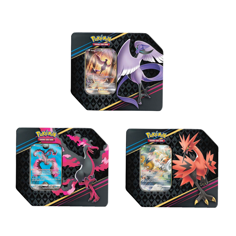 New Pokemon Crown Zenith Legendary Bird Tin, collectible card game, vibrant artwork, sealed package